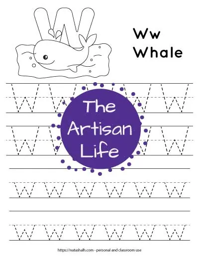Letter tracing worksheet with dotted letter w's on lines to trace. There are two lines of uppercase w and two rows of lowercase w. At the top of the page is a whale with a large bubble letter W to color and the text "Ww whale"
