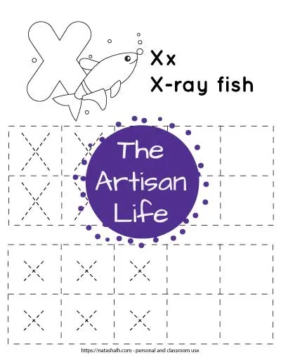 Letter tracing worksheet with dotted letter x's in boxes to trace. There are two rows of uppercase x and two rows of lowercase x. At the top of the page is a an x-ray fish with a large bubble letter X to color and the text "x-ray fish"