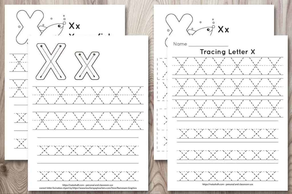 four free letter x tracing printables on a wood background. Each features uppercase and lowercase letter x's to trace in a dotted font. One has correct letter formation graphics and two have a cute x-ray fish to color and the text "x-ray fish"