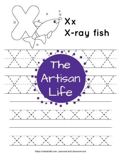Letter tracing worksheet with dotted letter x's on lines to trace. There are two lines of uppercase x and two rows of lowercase x. At the top of the page is an x-ray fish with a large bubble letter X to color and the text "x-ray fish"