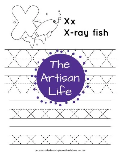 Letter tracing worksheet with dotted letter x's on lines to trace. There are two lines of uppercase x and two rows of lowercase x. At the top of the page is an x-ray fish with a large bubble letter X to color and the text "x-ray fish"