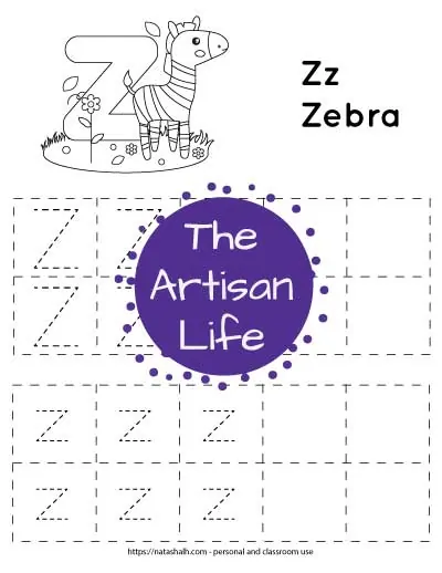 Letter tracing worksheet with dotted letter z's in boxes to trace. There are two rows of uppercase z and two rows of lowercase z. At the top of the page is a cute zebra with a large bubble letter z to color and the text "Zz zebra"