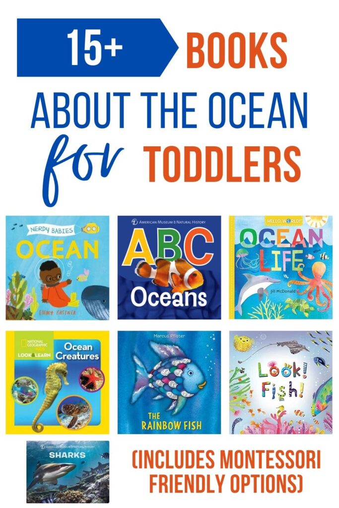 An image collage of underwater themed board books for toddlers. Text on top reads "the best ocean books for toddlers (includes Montessori friendly options)