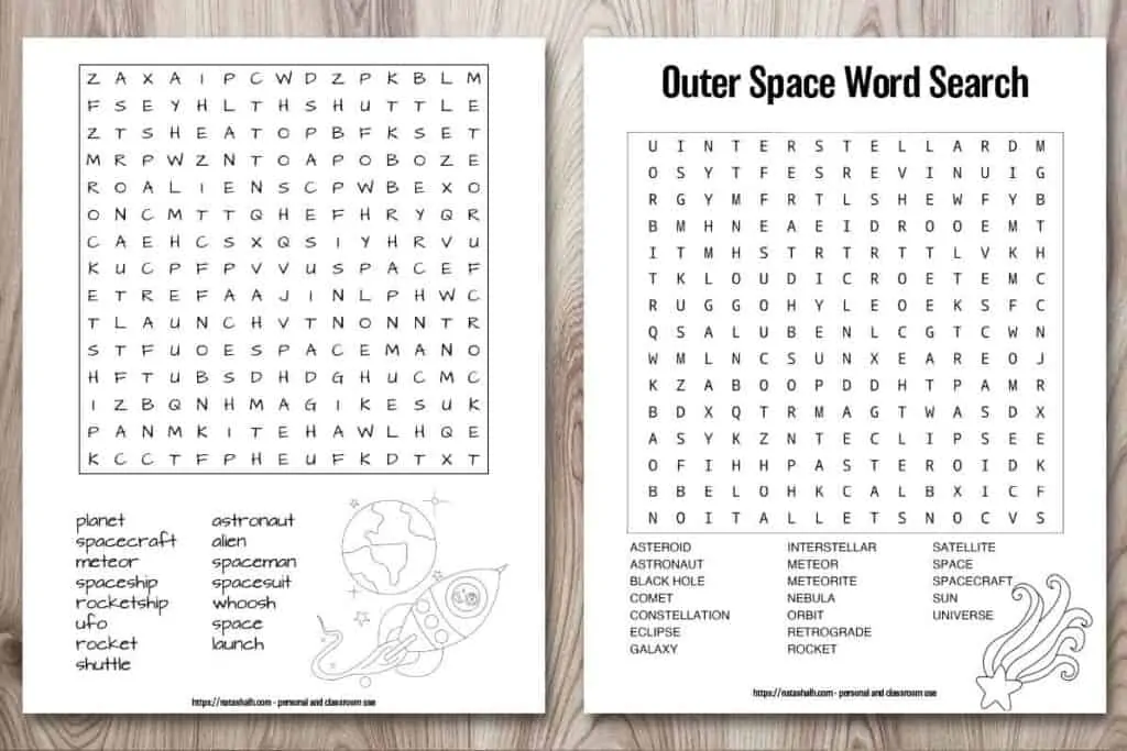 two printable outer space word searches on a  wood background. One word search is easier and has words only hidden forwards and on straight lines. The other is more difficult with words hidden backwards and on the diagonal. Both have a space-related image to color in the bottom right corner. The easy puzzles has a rocket and a planet. The more difficult has a shooting star