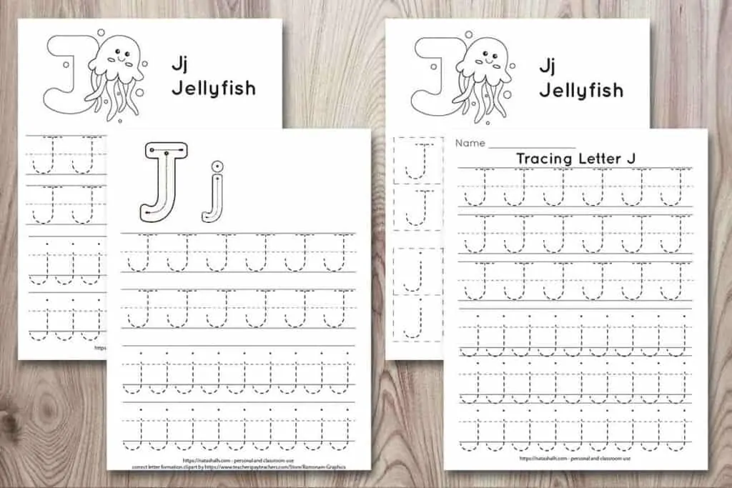 Free printable letter j tracing worksheets on a wood background. All four worksheets have uppercase and lowercase j's to trace. Two have a jellyfish to color and one has correct letter formation graphics