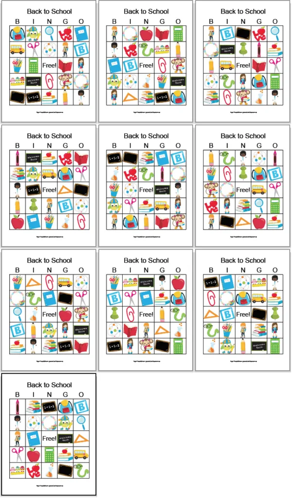10 free printable back to school bingo cards. Each card is unique and features 24 cartoon back to school images like books, school supplies, and chalkboards.