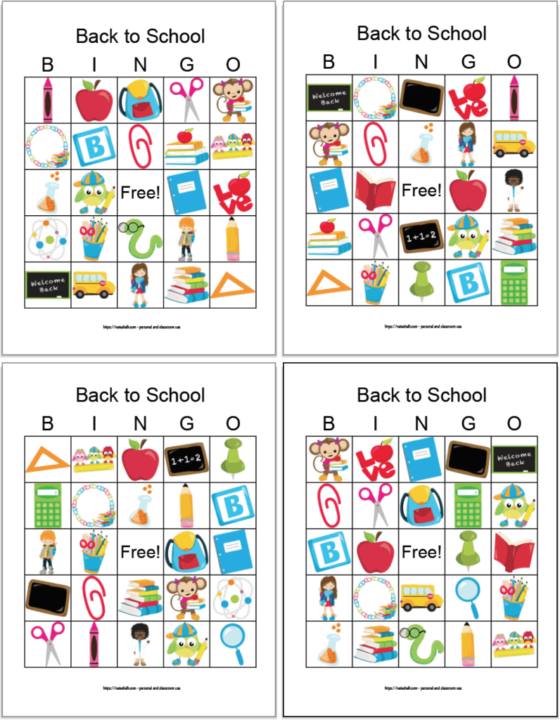 four free printable back to school bingo boards arranged in a grid. The bingo cards feature back to school images like paperclips, chalkboards, and backpacks.