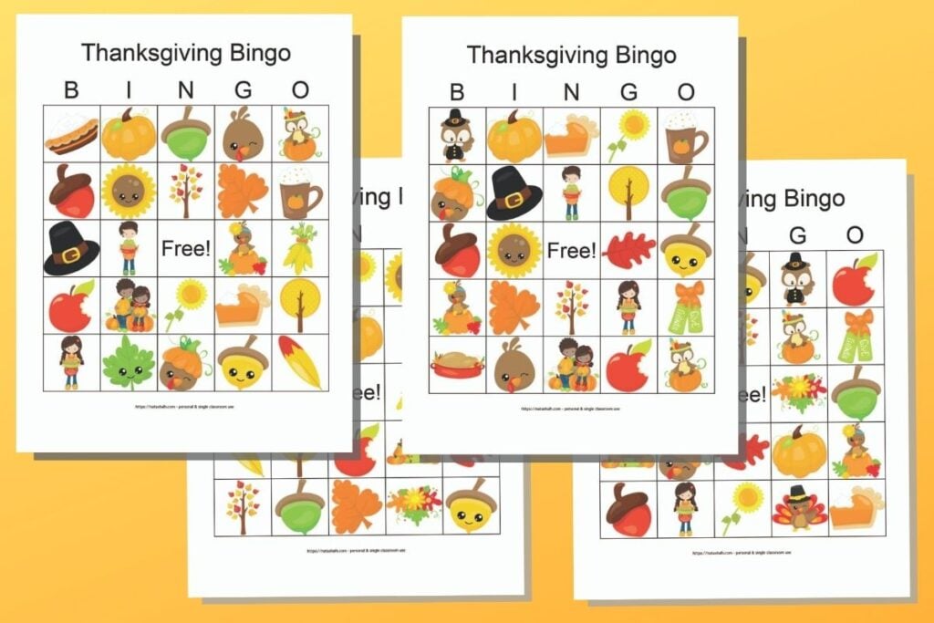 Four free printable Thanksgiving bingo cards with cute cartoon images on an orange background
