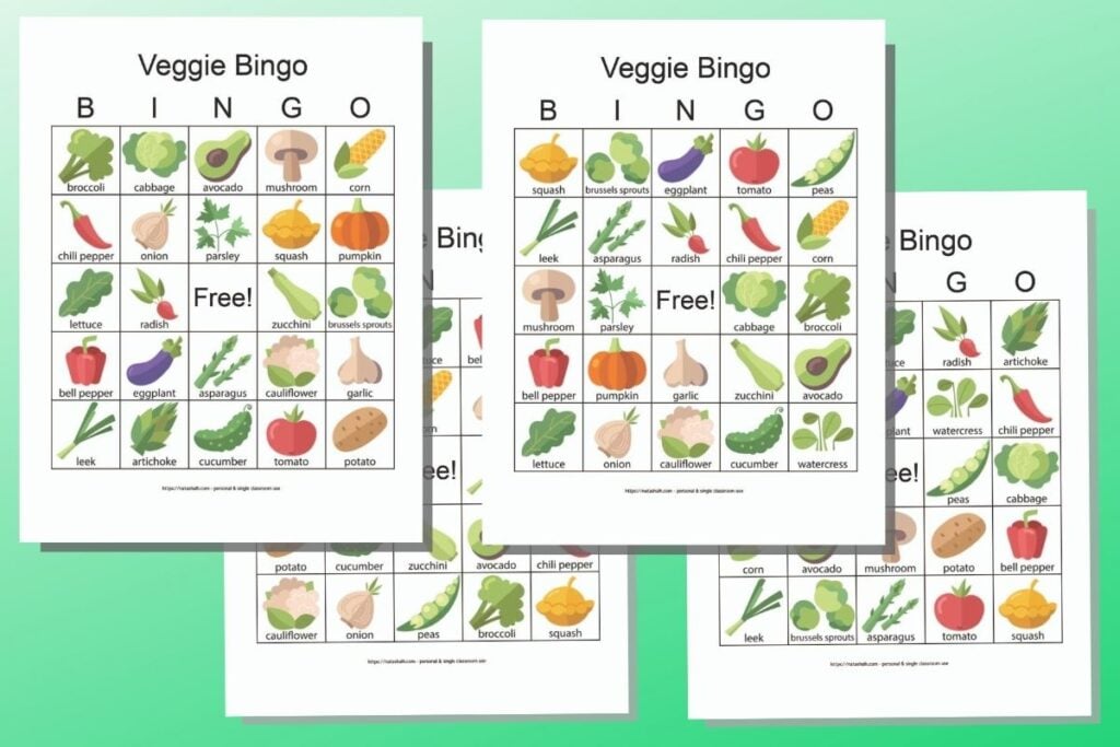 four free printable vegetable bingo cards on a green background. The cards feature illustrated icon style images of vegetables with their names. (For example, squash, Brussels sprouts, tomatoes, eggplant and green peas) 