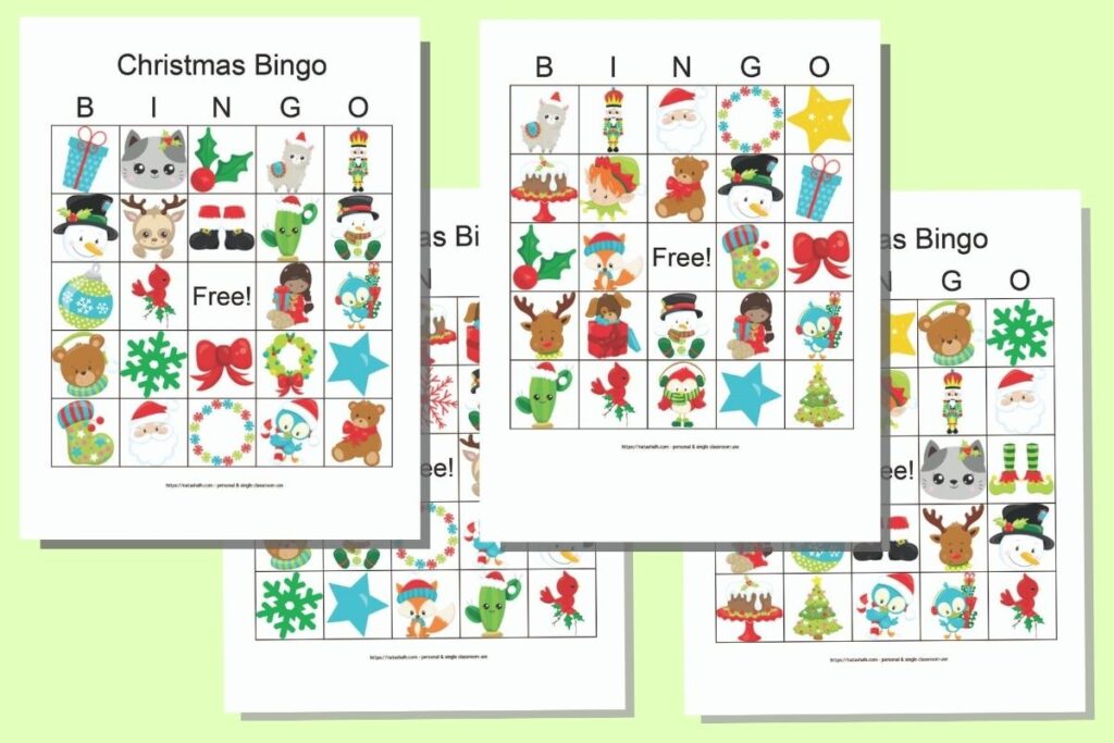 Four free printable Christmas bingo boards featuring cartoon secular Christmas images on a green background