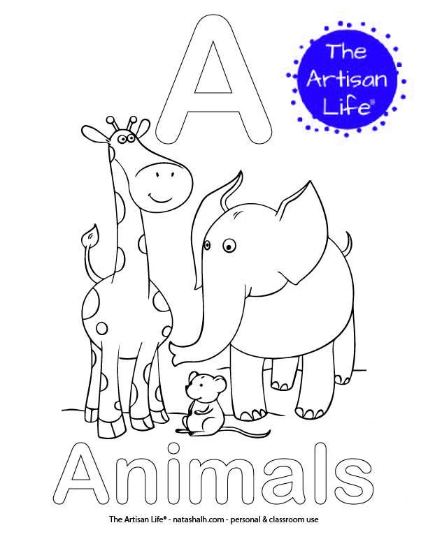 Coloring page with A and Animals in bubble letters and a picture of animals to color