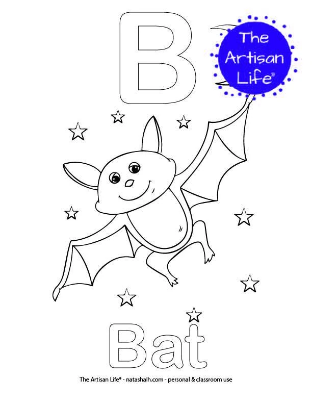 Coloring page with B and Bat in bubble letters and a picture of a bat to color