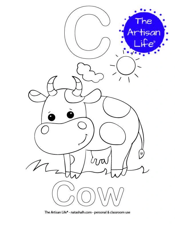 Coloring page with C and Cow in bubble letters and a picture of a cow to color