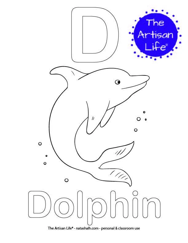 Coloring page with D and Dolphin in bubble letters and a picture of a dolphin to color