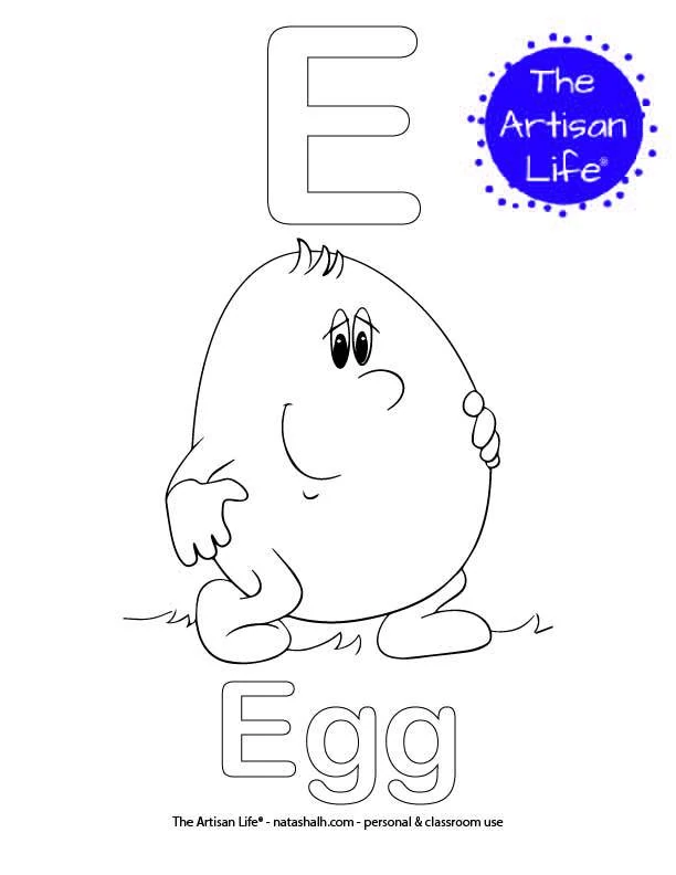 Coloring page with E and Egg in bubble letters and a picture of an egg to color