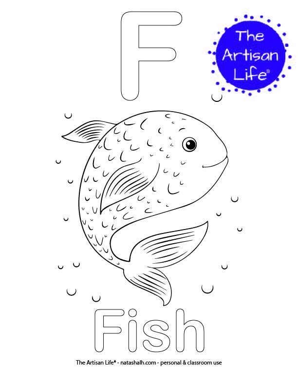 Coloring page with F and Fish in bubble letters and a picture of a fish to color