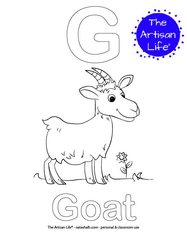 Coloring page with G and goat in bubble letters and a picture of a goat to color