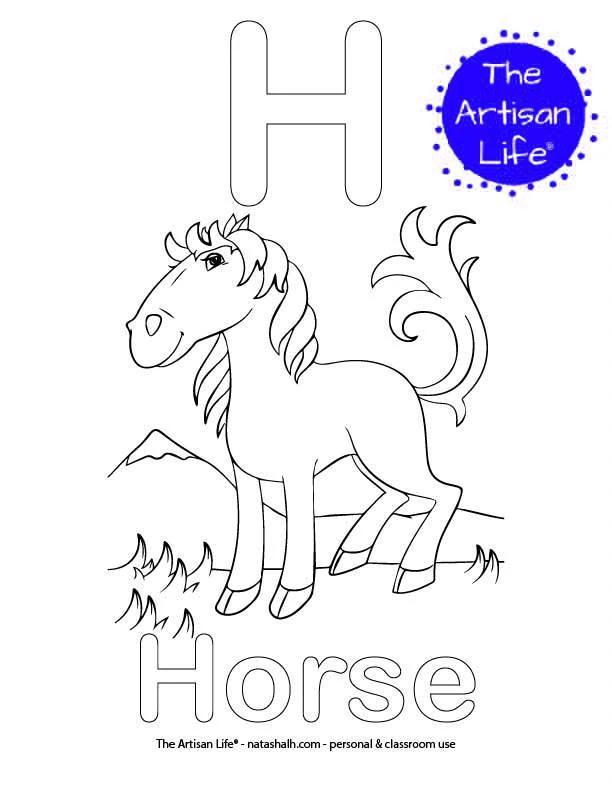 Coloring page with an H and Horse in bubble letters and a picture of a horse to color