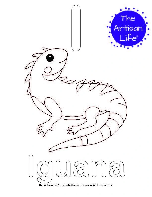 Coloring page with I and iguana in bubble letters and a picture of an iguana to color