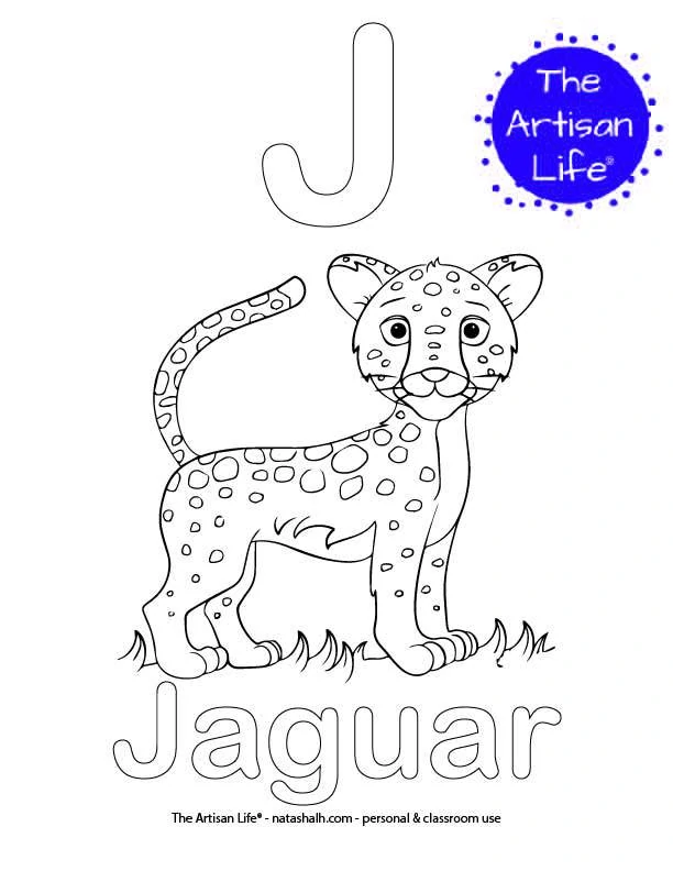 Coloring page with J and Jaguar in bubble letters and a picture of a jaguar cat to color