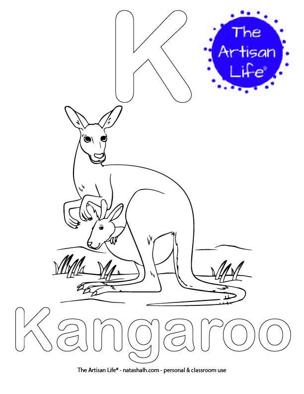 Coloring page with K and Kangaroo in bubble letters and a picture of a kangaroo to color