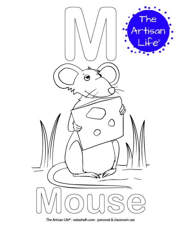 Coloring page with M and Mouse in bubble letters and a picture of a mouse to color