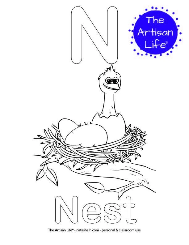Coloring page with N and Next in bubble letters and a picture of a bird in a nest to color