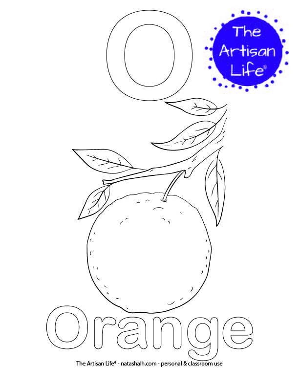 Coloring page with O and Orange in bubble letters and a picture of an orange to color