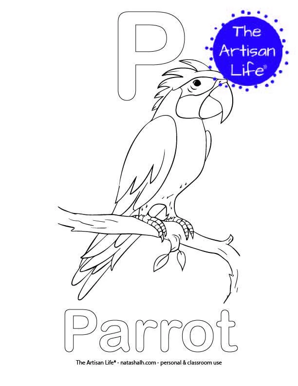 Coloring page with P and Parrot in bubble letters and a picture of a parrot to color