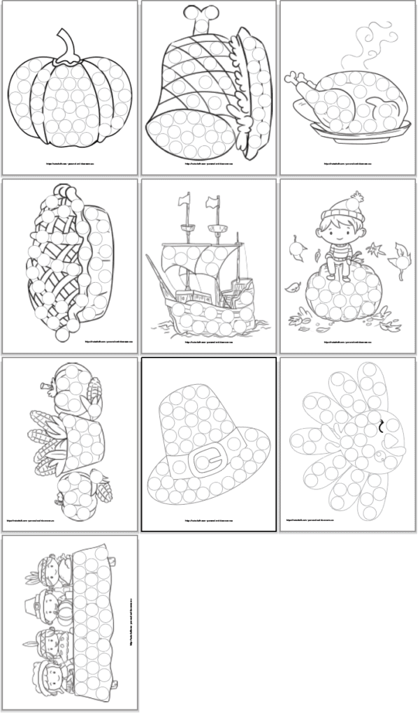 A preview of 10 Thanksgiving themed dot marker pages for toddlers and preschoolers