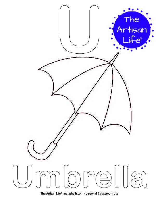 Coloring page with U and Umbrella in bubble letters and a picture of an umbrella to color