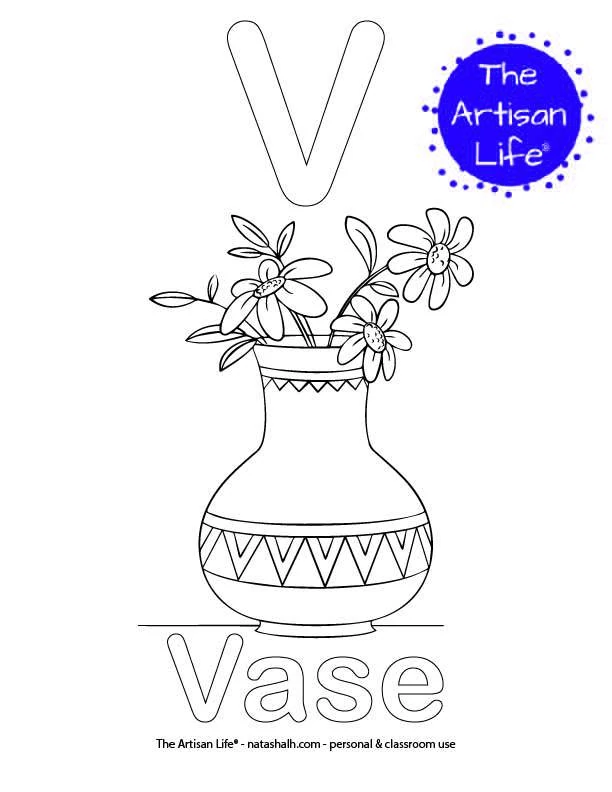 Coloring page with V and Vase in bubble letters and a picture of a vase to color