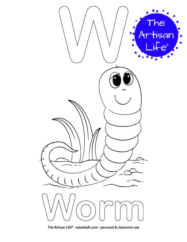 Coloring page with W and Worm in bubble letters and a picture of a worm to color