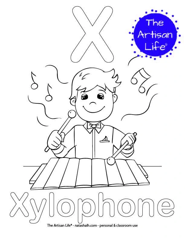 Coloring page with X and Xylophone in bubble letters and a picture of a Xylophone to color