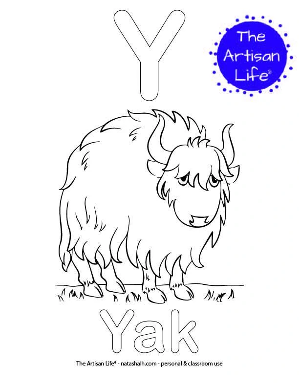 Coloring page with Y and Yak in bubble letters and a picture of a yak to color