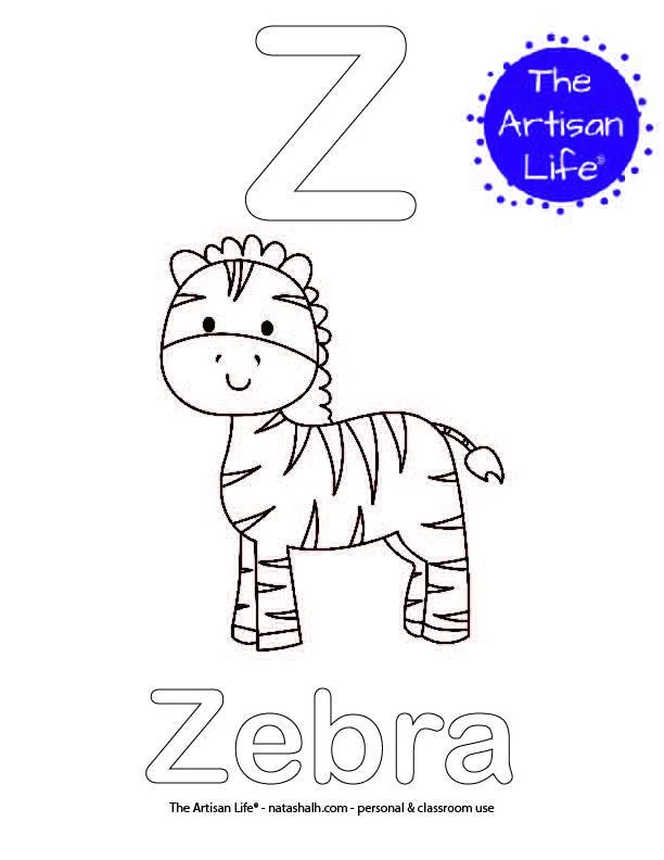 Coloring page with Z and Zebra in bubble letters and a picture of a zebra to color