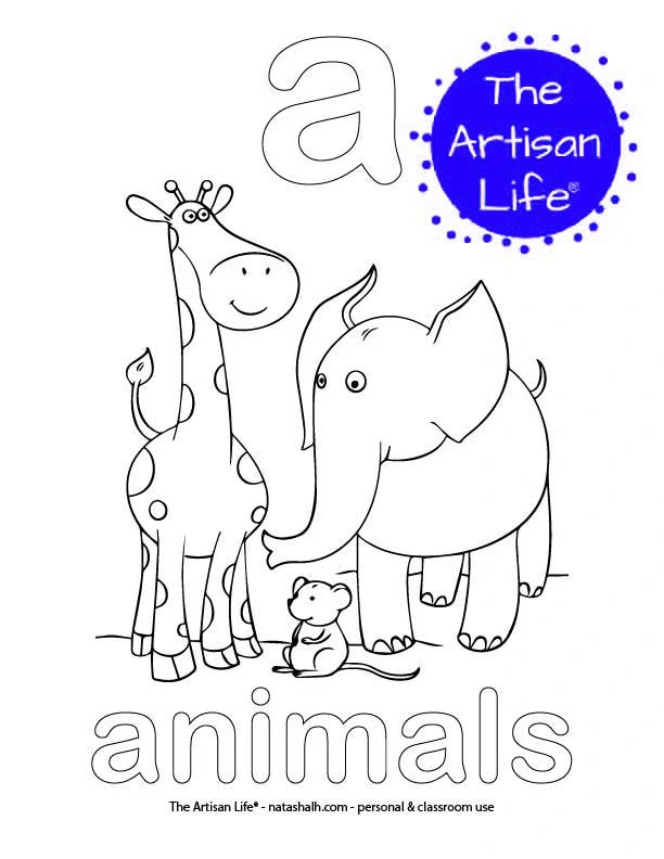 Coloring page with a and animals in bubble letters and a picture of animals to color