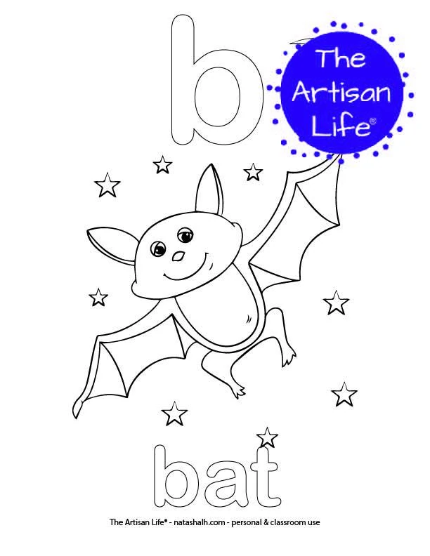 Coloring page with bubble letter b and bat in bubble letters and a picture of a bat to color