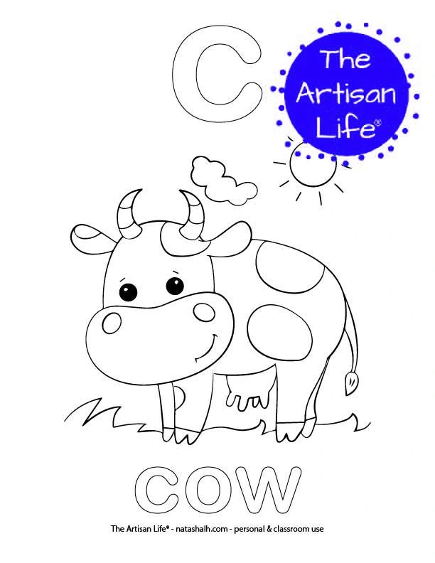Coloring page with bubble letter c and cow in bubble letters and a picture of a cow to color