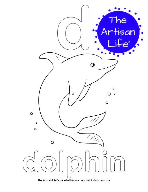 Coloring page with bubble letter d and dolphin in bubble letters and a picture of a dolphin to color