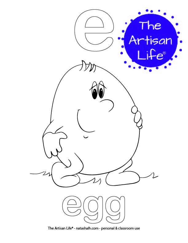 Coloring page with bubble letter e and egg in bubble letters and a picture of an egg to color