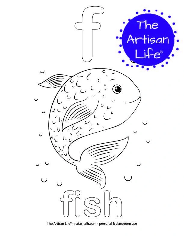 Coloring page with bubble letter f and fish in bubble letters and a picture of a fish to color