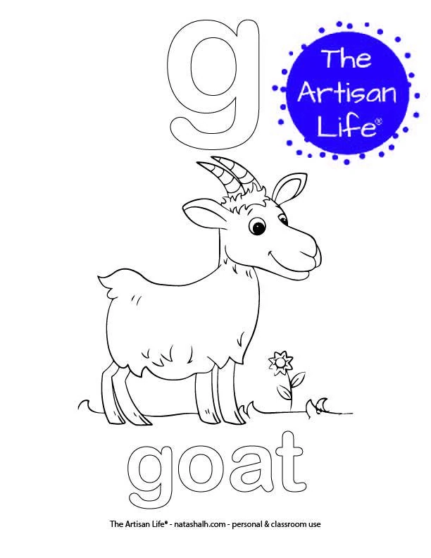 Coloring page with bubble letter g and goat in bubble letters and a picture of a goat to color
