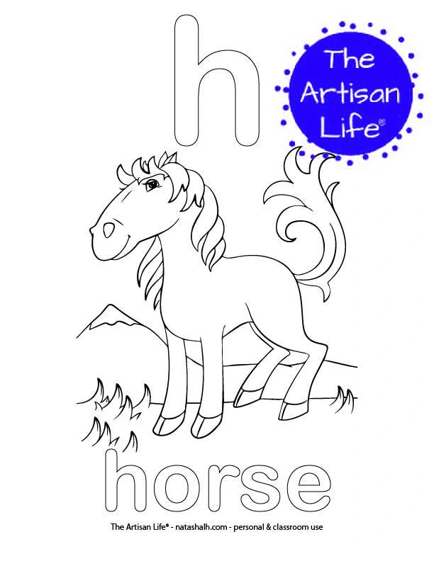 Coloring page with bubble letter h and horse in bubble letters and a picture of a horse to color