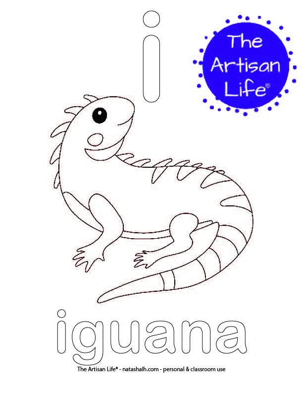 Coloring page with bubble letter if and iguana in bubble letters and a picture of an iguana to color