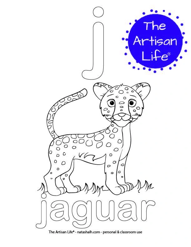 Coloring page with bubble letter j and jaguar in bubble letters and a picture of a jaguar to color