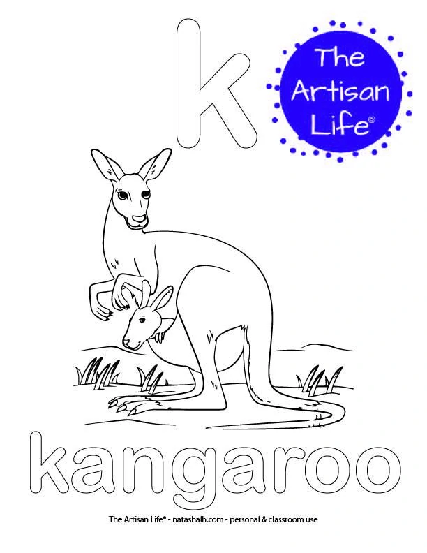 Coloring page with bubble letter k and kangaroo in bubble letters and a picture of a kangaroo to color