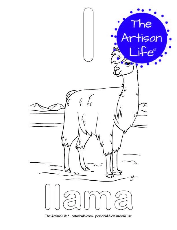 Coloring page with bubble letter l and llama in bubble letters and a picture of a llama to color
