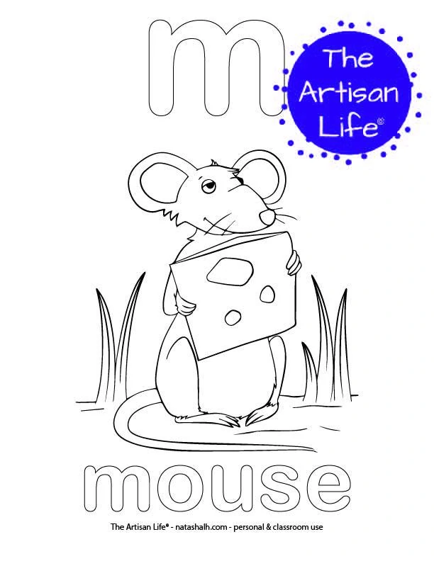 Coloring page with bubble letter m and mouse in bubble letters and a picture of a mouse to color