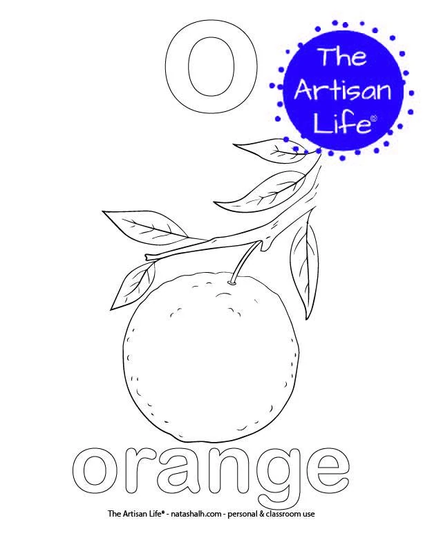 Coloring page with a lowercase bubble letter o and orange in bubble letters and a picture of an orange to color